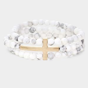 White Sideways Cross MultiLayered Beaded Bracelet